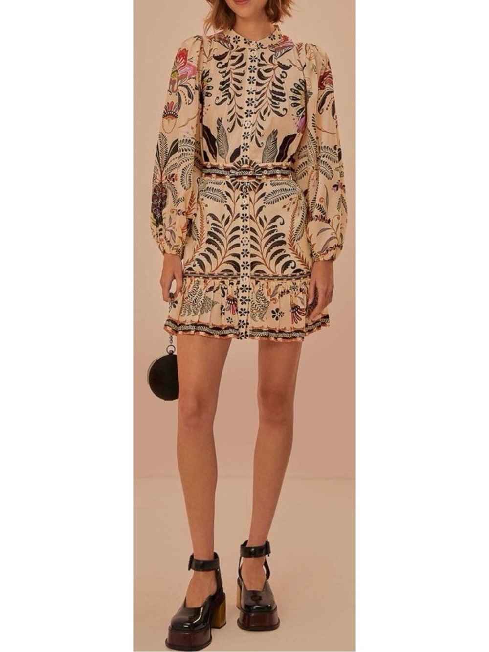 Farm Rio Classic Nature Sand Mini Dress Size XS Puff Sleeve Boho Floral NWT